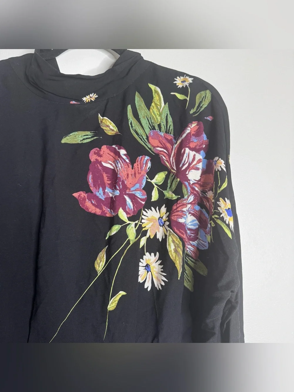 Free People Gemma Tunic Mini Dress Black Floral High Neck Open Back Tie Large